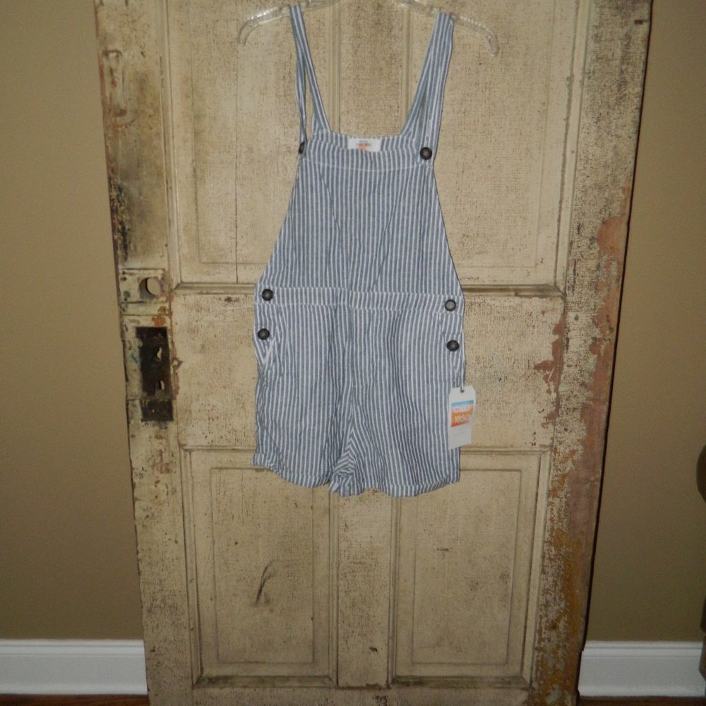 Cali 1850 Linen-Cotton Blend Striped Overall Romper with Pockets Sz M (L-22)